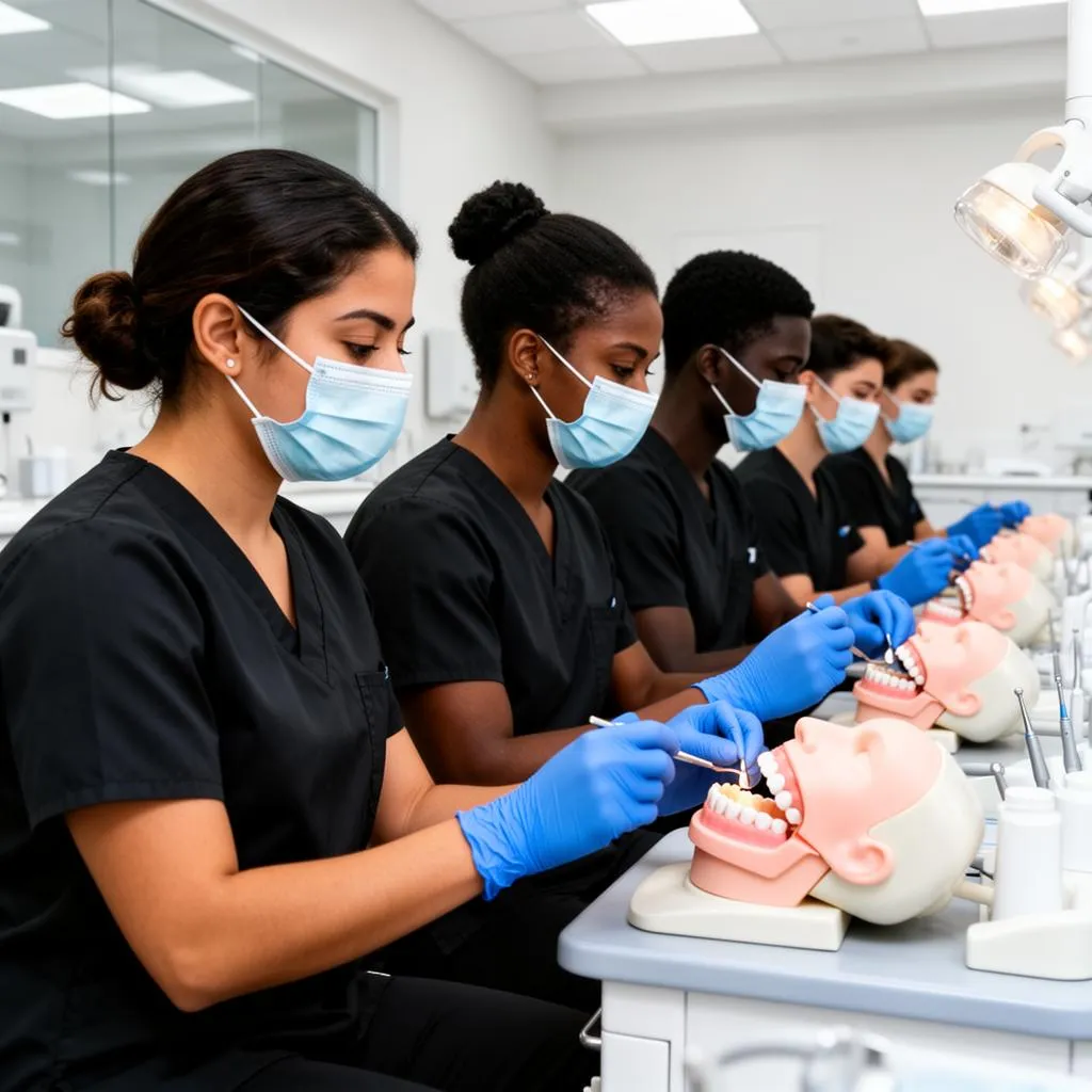 Dental assisting students learning chairside assisting