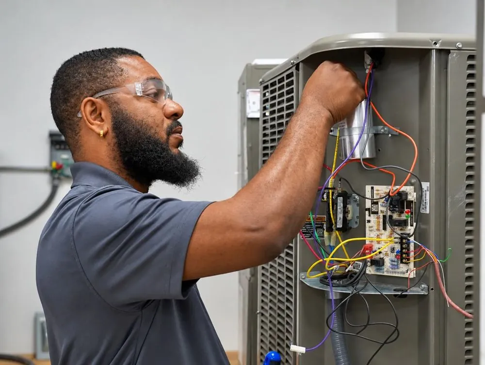 HVAC student wiring a condenser unit