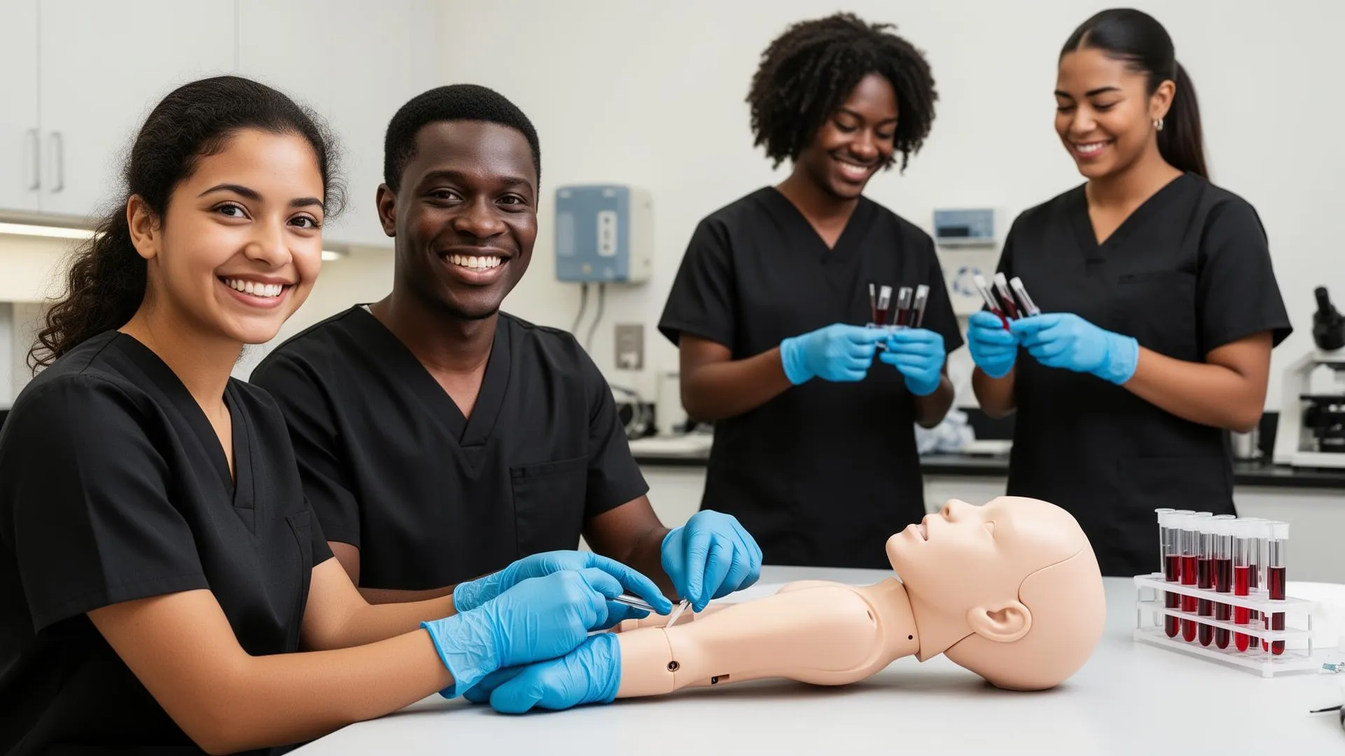 Houston Career Institute students practicing healthcare and skilled trades skills in training labs